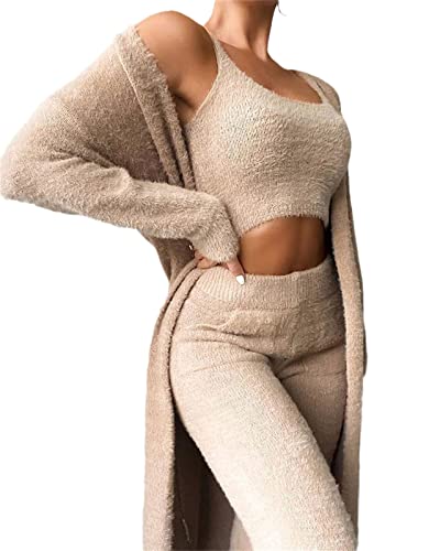 EGSDMNVSQ Damen 3-teiliges Pyjamas Set Mädchen Ensembles de Pyjama Warm Plüsch Samt Nachtwäsche mit U-Ausschnitt Kapuzenpullover Cardigan Crop Tank Top und Shorts/Hosen Hoher Taille Loungewear Outfits von EGSDMNVSQ