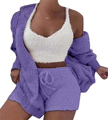 EGSDMNVSQ Damen 3-teiliges Pyjamas Set Mädchen Ensembles de Pyjama Warm Plüsch Samt Nachtwäsche mit U-Ausschnitt Kapuzenpullover Cardigan Crop Tank Top und Shorts/Hosen Hoher Taille Loungewear Outfits von EGSDMNVSQ