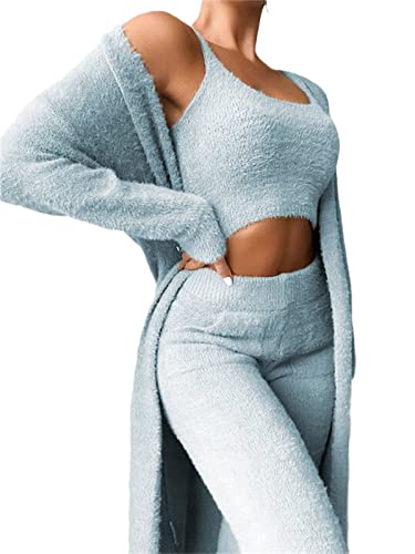 EGSDMNVSQ Damen 3-teiliges Pyjamas Set Mädchen Ensembles de Pyjama Warm Plüsch Samt Nachtwäsche mit U-Ausschnitt Kapuzenpullover Cardigan Crop Tank Top und Shorts/Hosen Hoher Taille Loungewear Outfits von EGSDMNVSQ