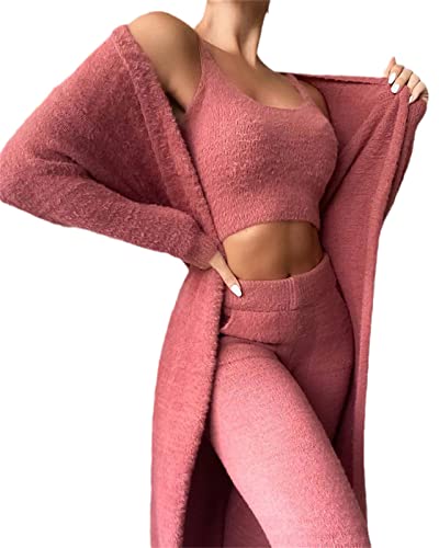 EGSDMNVSQ Damen 3-teiliges Pyjamas Set Mädchen Ensembles de Pyjama Warm Plüsch Samt Nachtwäsche mit U-Ausschnitt Kapuzenpullover Cardigan Crop Tank Top und Shorts/Hosen Hoher Taille Loungewear Outfits von EGSDMNVSQ