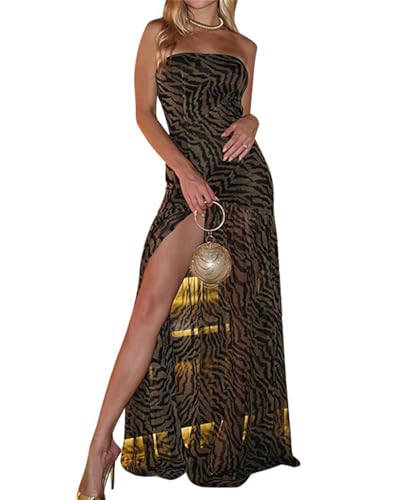 EGSDMNVSQ Damen Abendkleid Sommer Ärmellos Kleid Blumendruck Maxikleid Lang Kleid mit Schlitz Bodycon Trägerloses Partykleid von EGSDMNVSQ