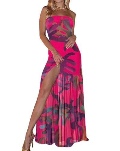 EGSDMNVSQ Damen Abendkleid Sommer Ärmellos Kleid Blumendruck Maxikleid Lang Kleid mit Schlitz Bodycon Trägerloses Partykleid von EGSDMNVSQ
