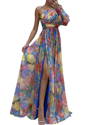 EGSDMNVSQ Damen Abendkleid Sommer Ärmellos Kleid Blumendruck Maxikleid Lang Kleid mit Schlitz Bodycon Trägerloses Partykleid von EGSDMNVSQ