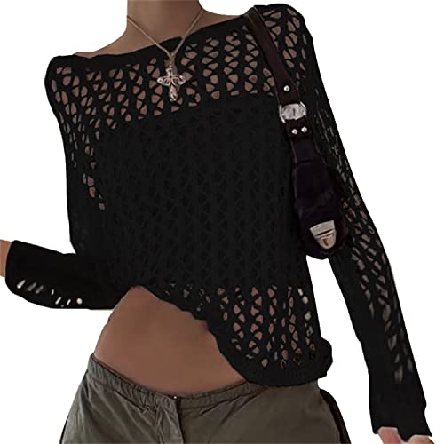 EGSDMNVSQ Damen Crop Top Y2K Pullover Hollow Out Crochet Knit Langarm Mesh Häkeln Oberteil Blouse E-Girl Ripped Gestricktes Streetwear durchsichtig Vintage Shirt von EGSDMNVSQ