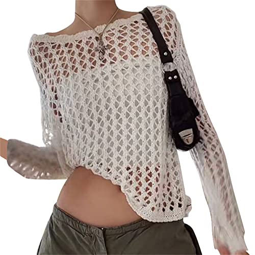 EGSDMNVSQ Damen Crop Top Y2K Pullover Hollow Out Crochet Knit Langarm Mesh Häkeln Oberteil Blouse E-Girl Ripped Gestricktes Streetwear durchsichtig Vintage Shirt von EGSDMNVSQ