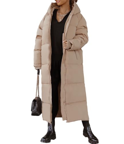 EGSDMNVSQ Damen Dauenjacke Lange Wintermantel Pufferjacke Steppmantel Mit Kapuze Verdickter Länglich Parka Jacke Warme Daunenmantel Mit Reißverschluss Übergangsjacke von EGSDMNVSQ