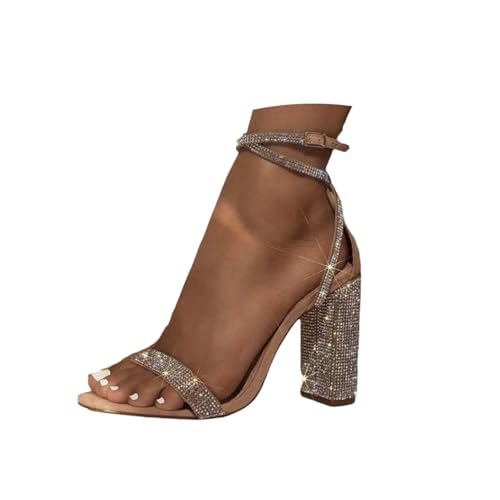 EGSDMNVSQ Damen Elegant Blockabsatz Sandalen Pumps mit Strasssteinen Sommer High Heels Hochzeit Sandalen Glitzer Brautschuhe Abendschuhe von EGSDMNVSQ