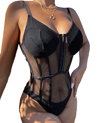 EGSDMNVSQ Damen Elegant Bodysuit Mesh V-Ausschnitt Langarm/Kurzarm Bodysuit Durchsichtiges Netz mit Spitzen Bluse Tops Overalls Spitzebodys von EGSDMNVSQ