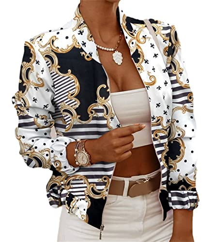 EGSDMNVSQ Damen Elegant Jacke Blumenmuster Langarm Bomberjacke Reißverschluss Stehkragen Outwear Kurz Mantel Herbst Frühling Leicht Jacke von EGSDMNVSQ