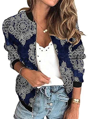 EGSDMNVSQ Damen Elegant Jacke Blumenmuster Langarm Bomberjacke Reißverschluss Stehkragen Outwear Kurz Mantel Herbst Frühling Leicht Jacke von EGSDMNVSQ