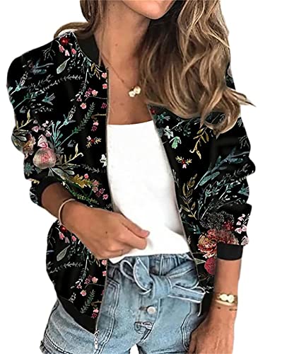 EGSDMNVSQ Damen Elegant Jacke Blumenmuster Langarm Bomberjacke Reißverschluss Stehkragen Outwear Kurz Mantel Herbst Frühling Leicht Jacke von EGSDMNVSQ