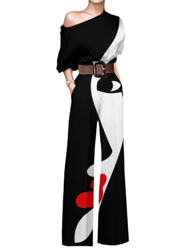 EGSDMNVSQ Damen Elegant Jumpsuit One-Shoulder Overalls Bedruckter Playsuit Hohe Taille Freizeithose Hosenanzug Weites Bein Romper Hose von EGSDMNVSQ