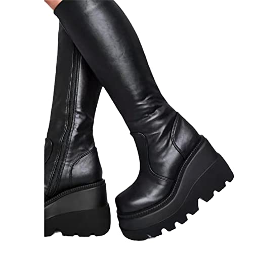 EGSDMNVSQ Damen Elegante Comfort Lange Stiefel High Heel Klobiger Absatz Lederstiefel Frauen Plateau Schwarz Winterstiefel Partyschuhe mit Reißverschluss Lang Boots von EGSDMNVSQ