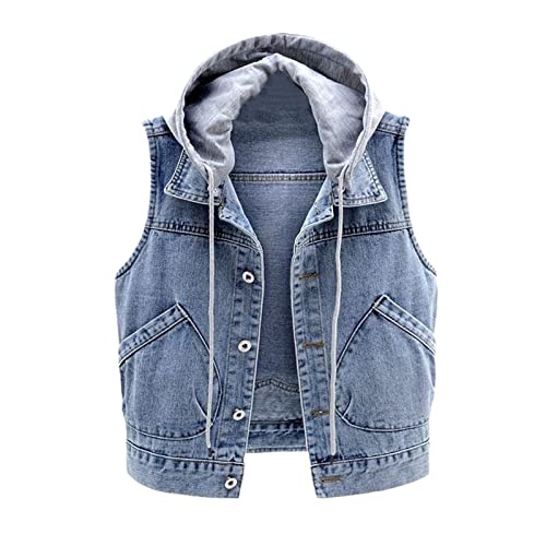 EGSDMNVSQ Damen Frühling Hooded Jeansweste mit Knöpfen Jacke Ärmellos Revers Einfache Beiläufige Kurz Jeansjacke Denim Weste Vest Mit Knopfleiste Tasche Kapuzen Outwear von EGSDMNVSQ