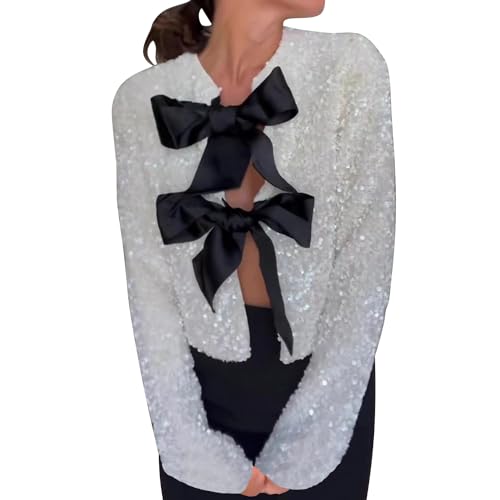 EGSDMNVSQ Damen Glänzend Pailletten Jacke Bowknot Pailletten Cardigan Langarm Bomberjacke Slim Fit Pailletten Jacke Elegant Kurz Mäntel Oberteile Glitzer Party Outfits Clubwear von EGSDMNVSQ