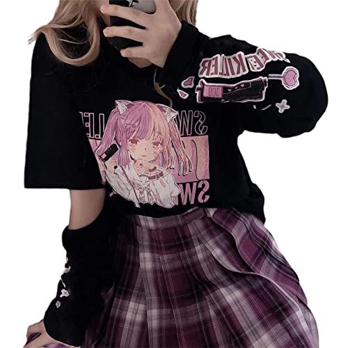 EGSDMNVSQ Damen Goth Shirt Kurzärmeliges Oberteil mit Zwei Ärmeln Kawaii Harajuku Aesthetic Vintage Japan Harajuku Rundhals Tops e-Girl Streetwear Mädchen y2k Herbst Winter Langarm Sweatshirt von EGSDMNVSQ