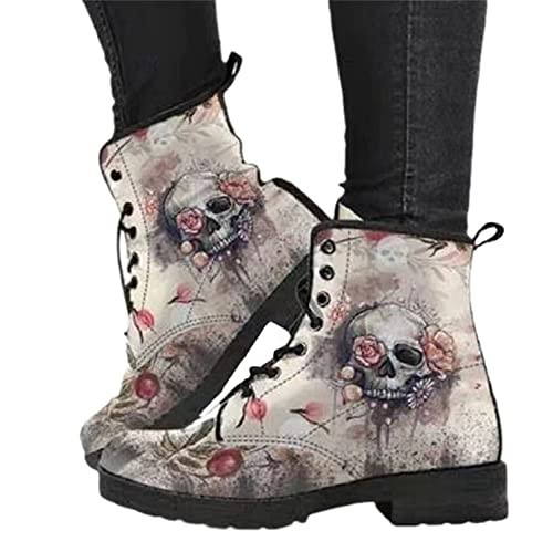 EGSDMNVSQ Damen Gothic Stiefel Chelsea Ankle Boot Punk Stiefeletten Knöchel Stiefel Blockabsatz Retro Drucken Kurze Stiefeletten Chunky Heels von EGSDMNVSQ