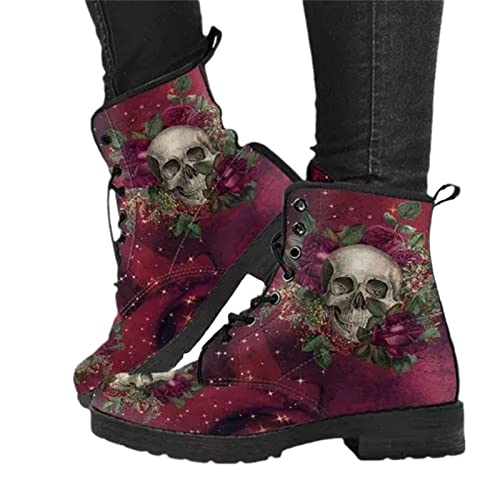 EGSDMNVSQ Damen Gothic Stiefel Chelsea Ankle Boot Punk Stiefeletten Knöchel Stiefel Blockabsatz Retro Drucken Kurze Stiefeletten Chunky Heels von EGSDMNVSQ