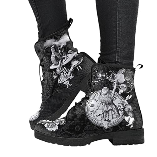 EGSDMNVSQ Damen Gothic Stiefel Chelsea Ankle Boot Punk Stiefeletten Knöchel Stiefel Blockabsatz Retro Drucken Kurze Stiefeletten Chunky Heels von EGSDMNVSQ