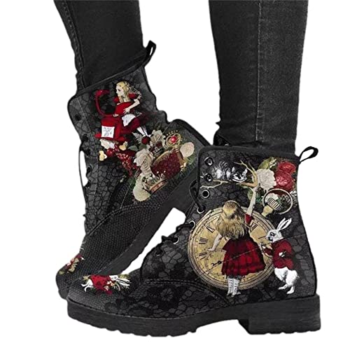 EGSDMNVSQ Damen Gothic Stiefel Chelsea Ankle Boot Punk Stiefeletten Knöchel Stiefel Blockabsatz Retro Drucken Kurze Stiefeletten Chunky Heels von EGSDMNVSQ