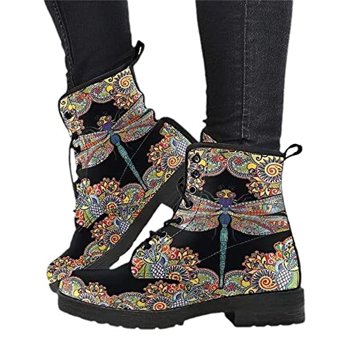 EGSDMNVSQ Damen Gothic Stiefel Chelsea Ankle Boot Punk Stiefeletten Knöchel Stiefel Blockabsatz Retro Drucken Kurze Stiefeletten Chunky Heels von EGSDMNVSQ