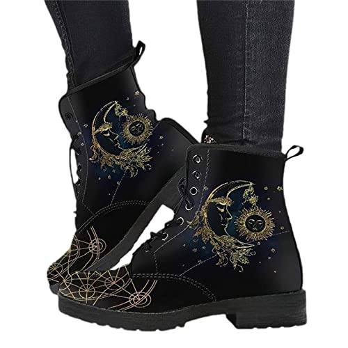 EGSDMNVSQ Damen Gothic Stiefel Chelsea Ankle Boot Punk Stiefeletten Knöchel Stiefel Blockabsatz Retro Drucken Kurze Stiefeletten Chunky Heels von EGSDMNVSQ