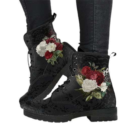 EGSDMNVSQ Damen Gothic Stiefel Chelsea Ankle Boot Punk Stiefeletten Knöchel Stiefel Blockabsatz Retro Drucken Kurze Stiefeletten Chunky Heels von EGSDMNVSQ