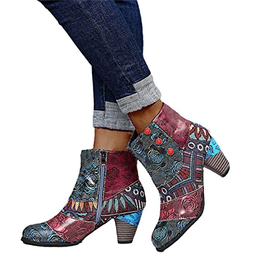 EGSDMNVSQ Damen Gothic Stiefel Chelsea Ankle Boot Punk Stiefeletten Knöchel Stiefel Blockabsatz Retro Drucken Kurze Stiefeletten Chunky Heels von EGSDMNVSQ