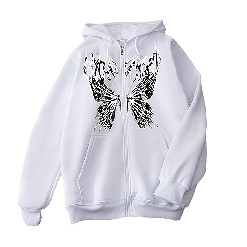 EGSDMNVSQ Damen Jacke Zip Up Y2K Harajuku Kapuzenpullover Oversized Schmetterling Hoodie Langarm Baggy Sweatshirt Aesthetic Vintage Pullover mit Kapuze 90er E-Girl Tops von EGSDMNVSQ