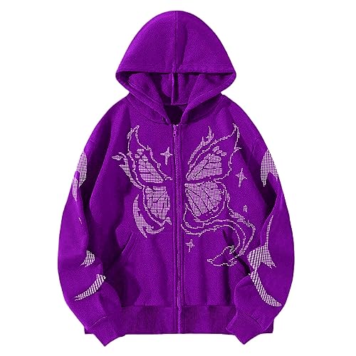 EGSDMNVSQ Damen Jacke Zip Up Y2K Harajuku Kapuzenpullover Oversized Schmetterling Hoodie Langarm Baggy Sweatshirt Aesthetic Vintage Pullover mit Kapuze 90er E-Girl Tops von EGSDMNVSQ