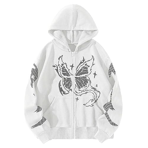 EGSDMNVSQ Damen Jacke Zip Up Y2K Harajuku Kapuzenpullover Oversized Schmetterling Hoodie Langarm Baggy Sweatshirt Aesthetic Vintage Pullover mit Kapuze 90er E-Girl Tops von EGSDMNVSQ