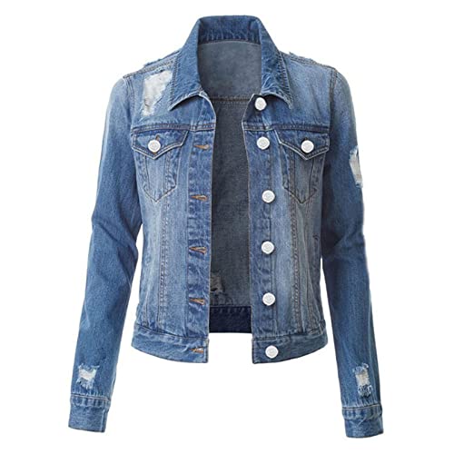 EGSDMNVSQ Damen Jeansjacke Kurz Übergangsjacke Leichte Jacke Denim Blau Jeansmantel mit Loch von EGSDMNVSQ