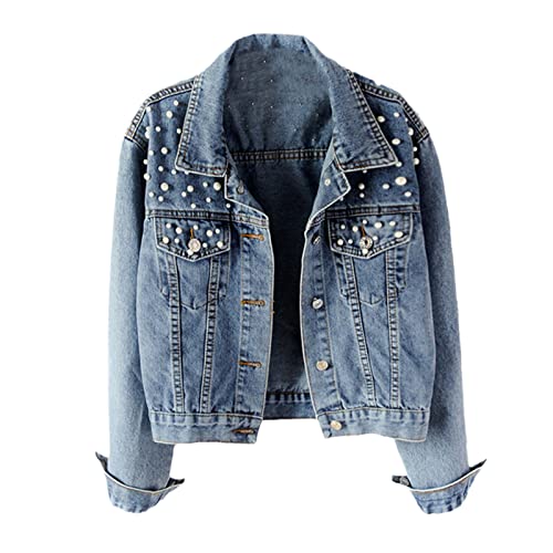 EGSDMNVSQ Damen Jeansjacke Kurz Übergangsjacke Leichte Jacke Denim Blau Jeansmantel mit Loch von EGSDMNVSQ
