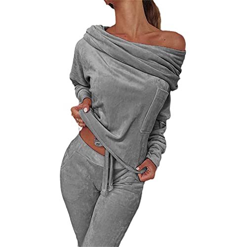 EGSDMNVSQ Damen Jogginganzug Elegant Hosenanzug Chic 2 Teiler Set Winter Sweatshirt Und Hose Zweiteiler Hausanzug Trägerlos Freizeitanzug Loungewear Lässiges Outfit Samt Anzug von EGSDMNVSQ