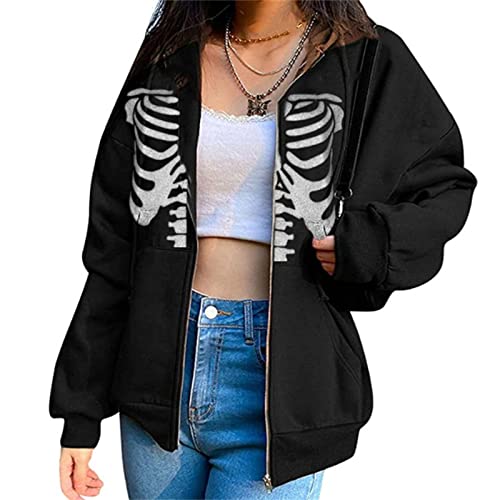 EGSDMNVSQ Damen Kapuzenpullover Y2K Jacke Zip Up Hoodies Goth Skeleton Harajuku Sweatshirt Vintage Kapuzenjacke Kordelzug Sweatjacke mit Kapuze 90er E-Girl Top Übergangsjacke von EGSDMNVSQ