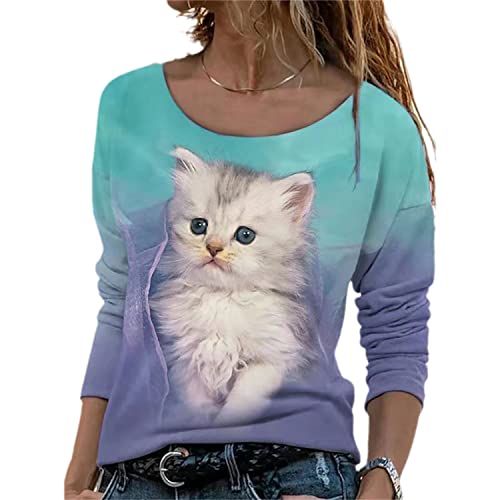 EGSDMNVSQ Damen Katzen Sweatshirt Langarmshirt Mit Katzenmotiv Tierdruck Rundhals Bluse Mode Casual Loose Oberteile Herbst Winter Top von EGSDMNVSQ