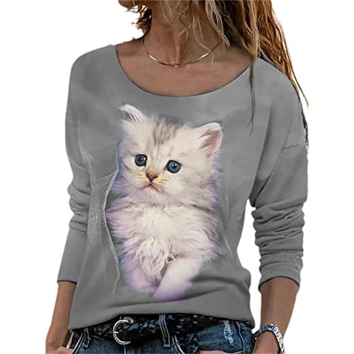 EGSDMNVSQ Damen Katzen Sweatshirt Langarmshirt Mit Katzenmotiv Tierdruck Rundhals Bluse Mode Casual Loose Oberteile Herbst Winter Top von EGSDMNVSQ