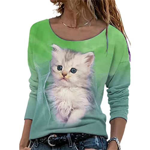 EGSDMNVSQ Damen Katzen Sweatshirt Langarmshirt Mit Katzenmotiv Tierdruck Rundhals Bluse Mode Casual Loose Oberteile Herbst Winter Top von EGSDMNVSQ