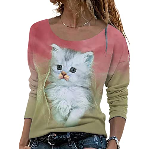 EGSDMNVSQ Damen Katzen Sweatshirt Langarmshirt Mit Katzenmotiv Tierdruck Rundhals Bluse Mode Casual Loose Oberteile Herbst Winter Top von EGSDMNVSQ