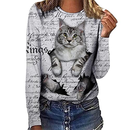EGSDMNVSQ Damen Katzen Sweatshirt Langarmshirt Mit Katzenmotiv Tierdruck Rundhals Bluse Mode Casual Loose Oberteile Herbst Winter Top von EGSDMNVSQ