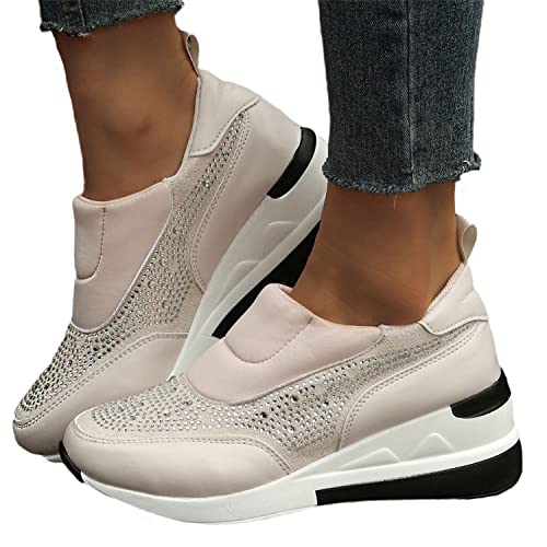 EGSDMNVSQ Damen Keil Turnschuhe Versteckte Keilabsatz Sportschuhe mit Strasssteinen Laufschuhe High Top Casual Schuhe Mode Wanderschuhe Bequeme Sneakers von EGSDMNVSQ