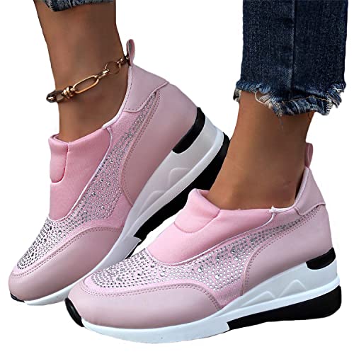 EGSDMNVSQ Damen Keil Turnschuhe Versteckte Keilabsatz Sportschuhe mit Strasssteinen Laufschuhe High Top Casual Schuhe Mode Wanderschuhe Bequeme Sneakers von EGSDMNVSQ