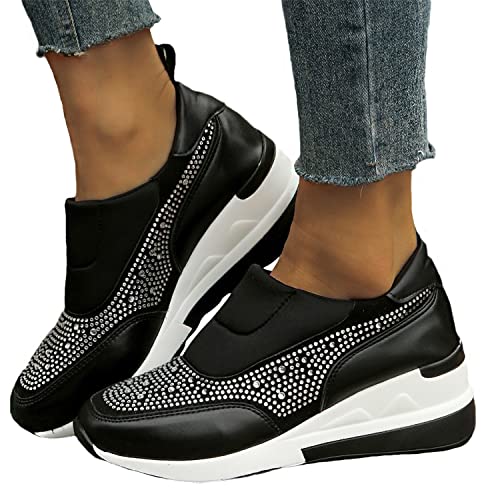 EGSDMNVSQ Damen Keil Turnschuhe Versteckte Keilabsatz Sportschuhe mit Strasssteinen Laufschuhe High Top Casual Schuhe Mode Wanderschuhe Bequeme Sneakers von EGSDMNVSQ