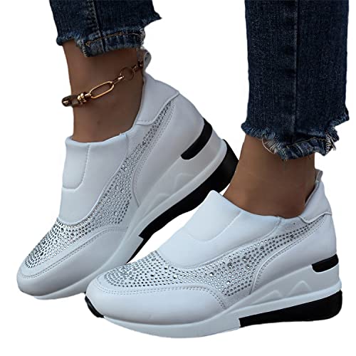 EGSDMNVSQ Damen Keil Turnschuhe Versteckte Keilabsatz Sportschuhe mit Strasssteinen Laufschuhe High Top Casual Schuhe Mode Wanderschuhe Bequeme Sneakers von EGSDMNVSQ