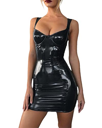 EGSDMNVSQ Damen Lederkleid Kunstleder Bodycon Cocktailkleid Hochzeit Mini Kleid Clubwear Wetlook Kleid Minikleid Party von EGSDMNVSQ