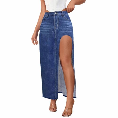 EGSDMNVSQ Damen Long Jeans Rock Hohe Taille Maxirock A-Linie Lange Denim Röcke mit Schlitz Bleistiftrock Stretch lässig Elegante von EGSDMNVSQ