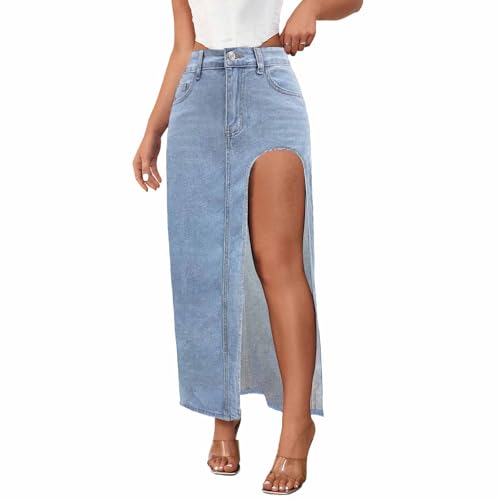 EGSDMNVSQ Damen Long Jeans Rock Hohe Taille Maxirock A-Linie Lange Denim Röcke mit Schlitz Bleistiftrock Stretch lässig Elegante von EGSDMNVSQ