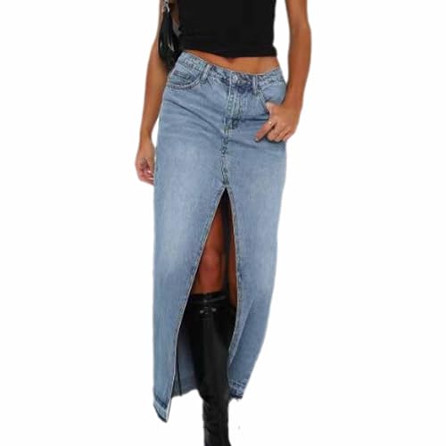 EGSDMNVSQ Damen Long Jeans Rock Hohe Taille Maxirock A-Linie Lange Denim Röcke mit Schlitz Bleistiftrock Stretch lässig Elegante von EGSDMNVSQ
