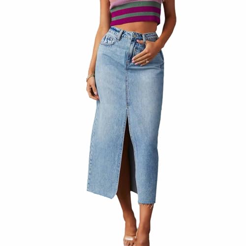 EGSDMNVSQ Damen Long Jeans Rock Hohe Taille Maxirock A-Linie Lange Denim Röcke mit Schlitz Bleistiftrock Stretch lässig Elegante von EGSDMNVSQ