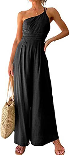 EGSDMNVSQ Damen Overall Schulterfrei Breites Bein Jumpsuit Sommer Einteiler Strampler Elegant Träger One Shoulder Jumpsuits Hosenanzug Ärmellos Playsuits von EGSDMNVSQ